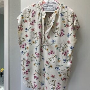 Amour Vert Cream Floral Cap-Sleeve Blouse with Pink, Blue, and Yellow Blooms